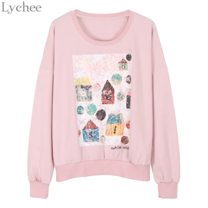 Весенне-осенний Женский свитшот Lychee с принтом дома повседневный свободный