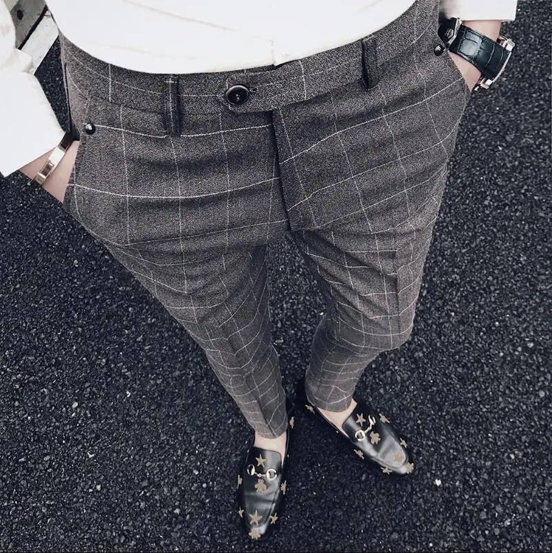 Sunwang зима толстые костюм брюки Для мужчин Slim Fit Мода платье в клетку штаны