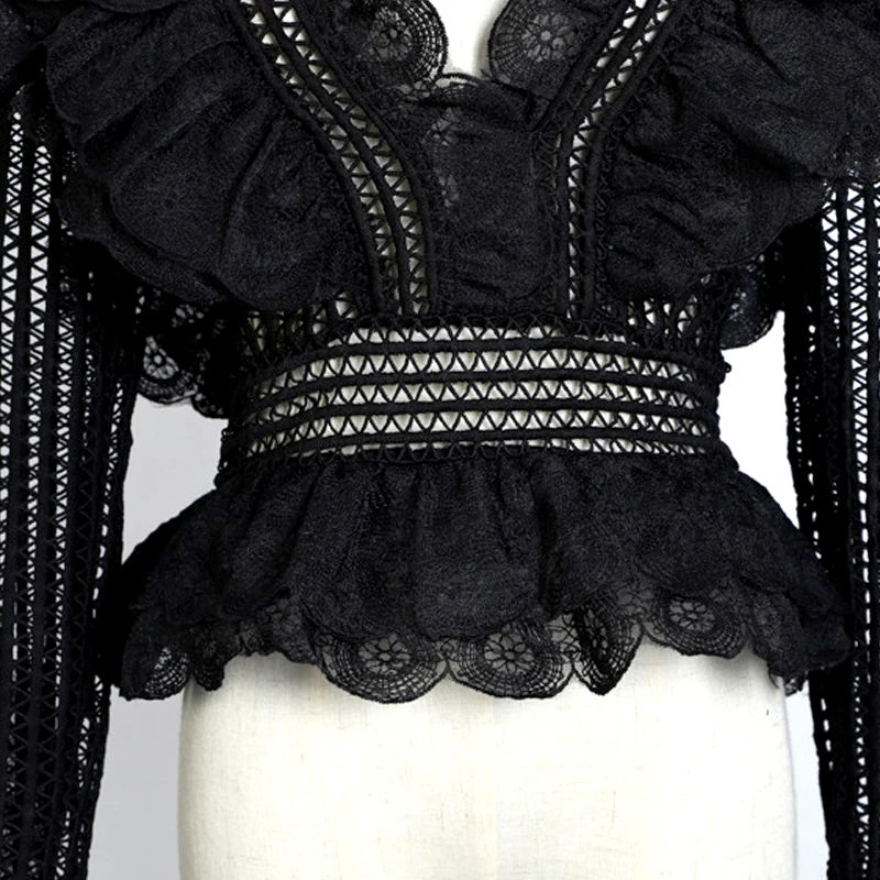 Модная кружевная блузка женская с оборками длинным рукавом черный белый розовый