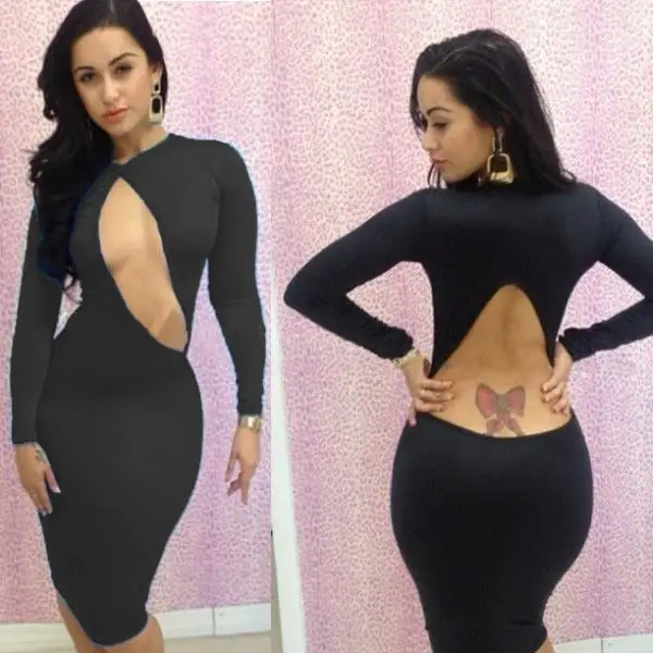 2014 4 Color New Women Sexy Cut Out Back Long Sleeve Bandage bodycon Midi Dresses Night Club wear Pencil Dress | Женская одежда