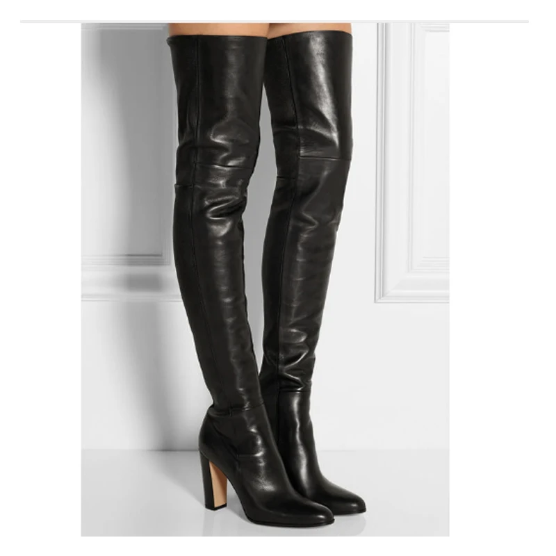 

Plain Leather Black Thigh High Boots Square Heel Round Toe Zip Over Knee High Boots Autumn Shoe Fashion Motorcycle Booties Women