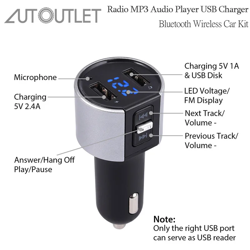 AUTOUTLET Bluetooth Беспроводной автомобильный fm трансмиттер радио MP3 аудио плеер USB