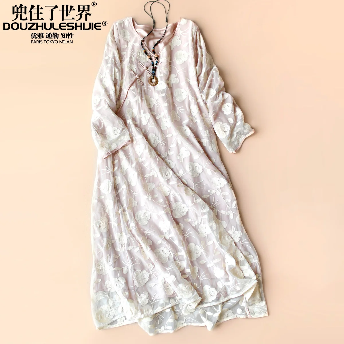 Новинка 2016 женщин осень вышивки розовое платье с длинным рукавом печать