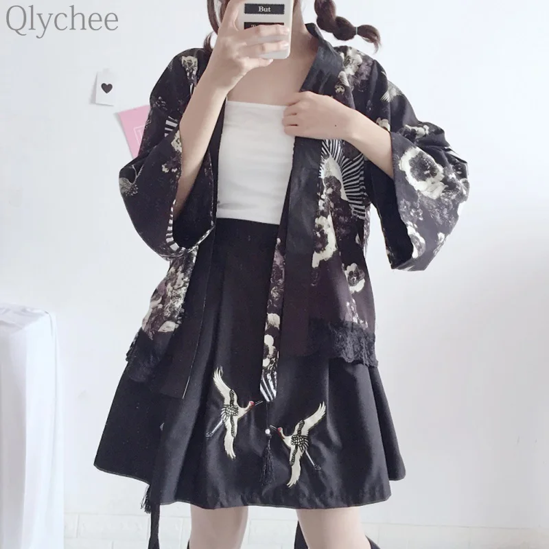 Qlychee Harajuku кран кардиган эластичный пояс мини юбка Drawsing три четверти рукав для