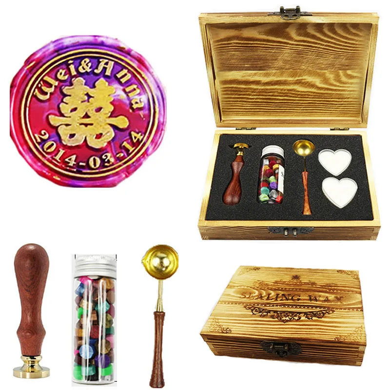 1 wood box Подпись на заказ тематика "Счастье для двоих" Индивидуальные имена Дата свадьбы набор восковых печатей - Цвет: 1 wood box