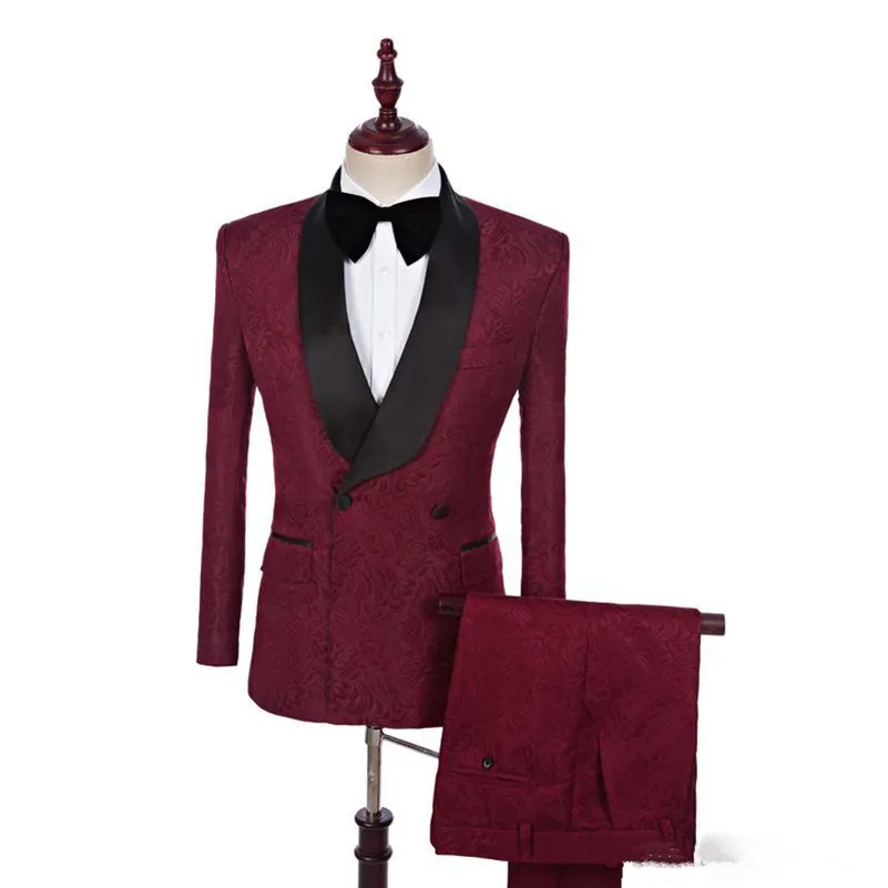 

New High Quality Printed Lace Wedding Suits Dark Red Prom Party Tuxedos Formal Business Man Suits (Jacket+Pant+tie)