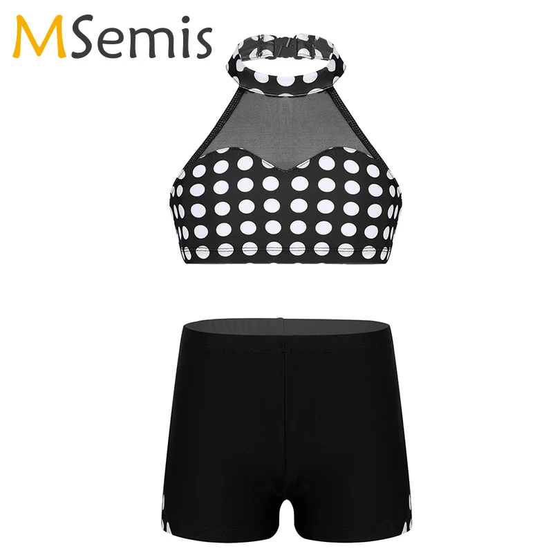 Балетные трико для девочек без рукавов с лямкой на шее узор в горошек сеткой