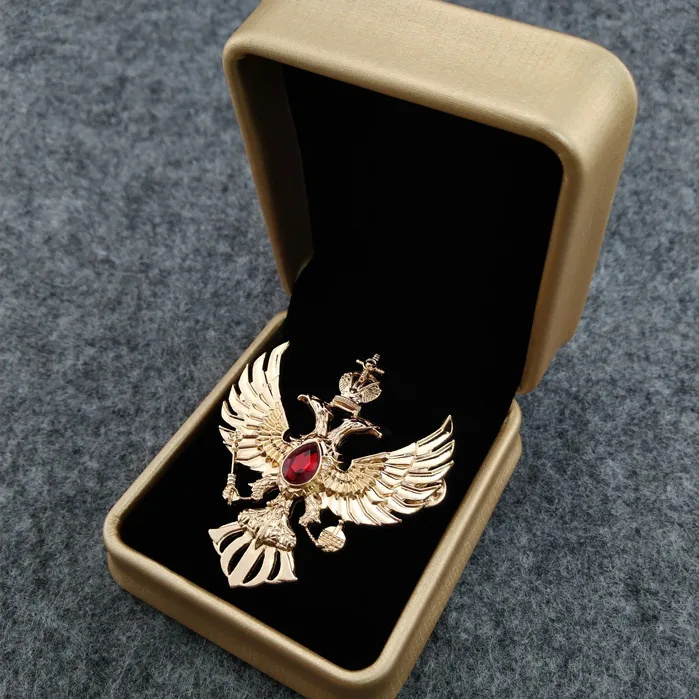 gold with gift box Россия двойная голова значки с орлом серебряная брошь булавки с драгоценным камнем свадебное украшение - Цвет: gold with gift box