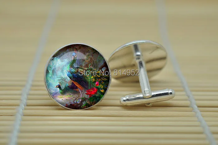 1 пар павлин ювелирные изделия запонки в серебро стекло кабошон C0752|cufflink tray|cufflinks