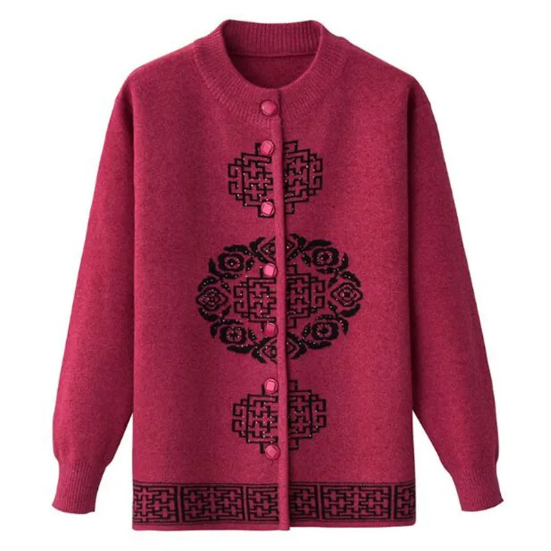 Rose red Большие размеры 5XL в пожилых женщин на осень-зиму вязаный свитер мать загружены Весна Свободный кардиган большого размера sweaterY26 - Цвет: Rose red