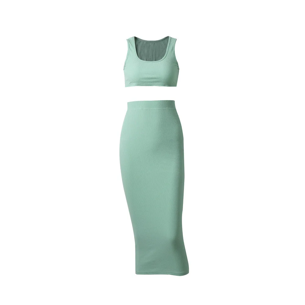 Female Casual Summer Green 2 Piece Set Cropped Bralette Top Long Skirt Fashion 2019 Sexy Women Party Suit Plus Size | Женская одежда