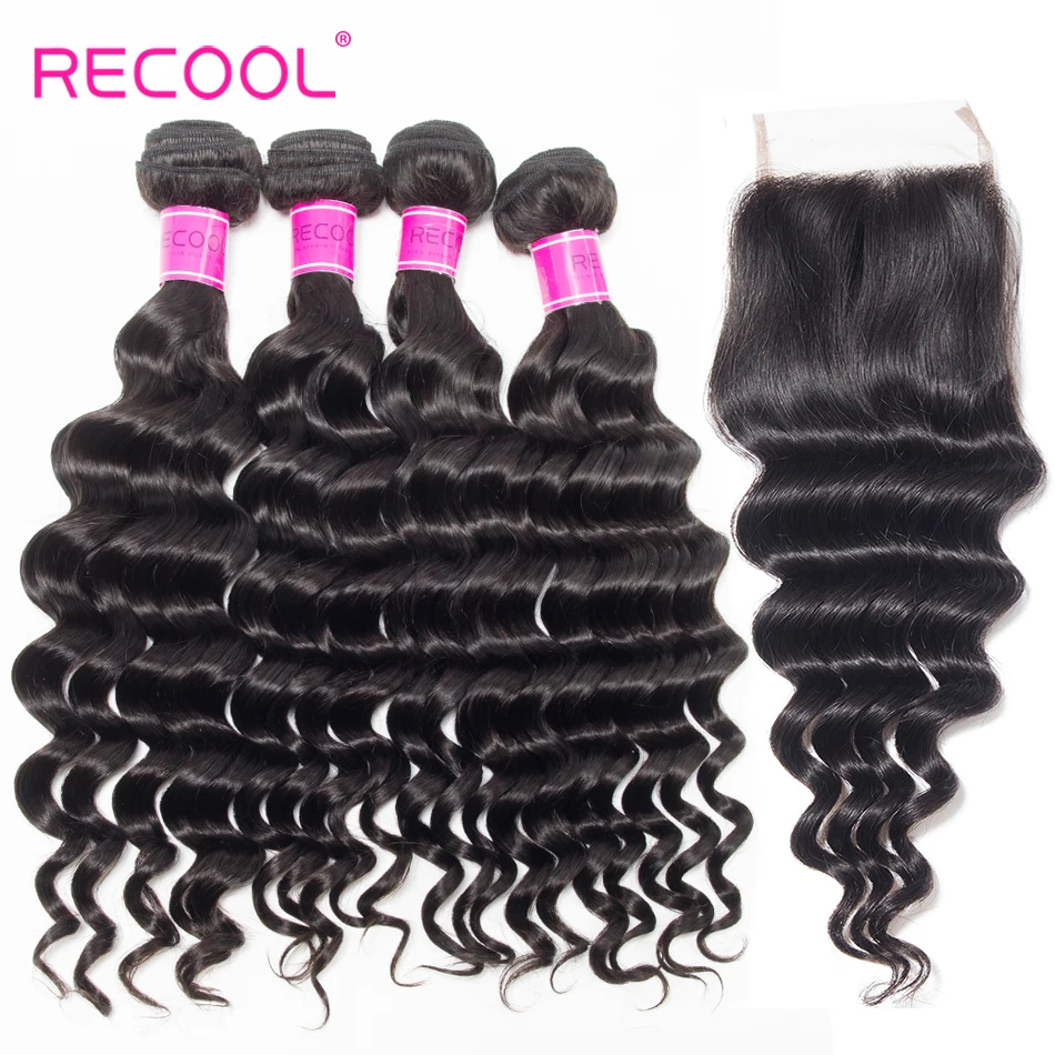 Recool свободные глубокие 4 пучка человеческих волос пучки и закрытие Remy