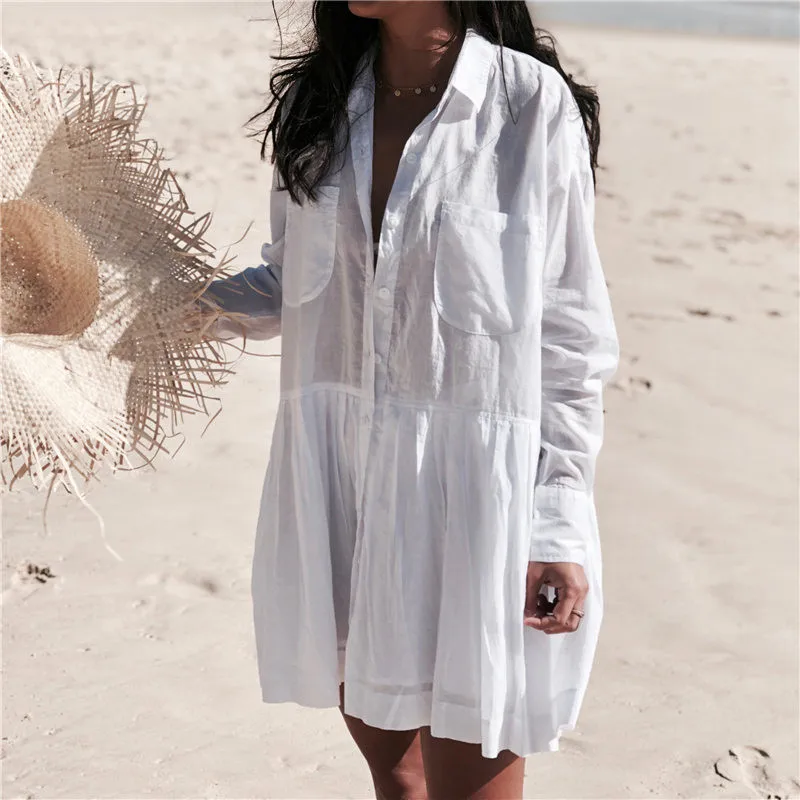 White Cotton Loose Beach dress Saida de Praia Women Cover up Kaftan Pareos Playa Mujer Lace Bikini Swimsuit Suit |