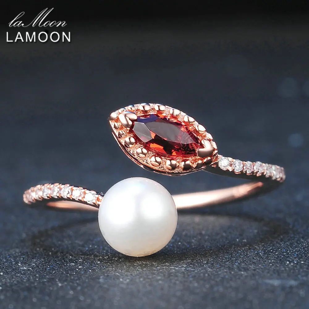 

LAMOON Natural Red Garnet Freshwater Pearl 925 Sterling Silver Jewelry Wedding Ring with Rose Gold Plated S925 For Women LMRI048