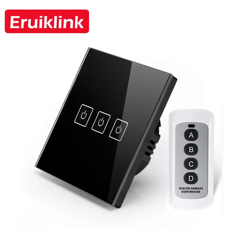 black 3gang with RC1 Eruiklink ЕС/Великобритания стандарт 1 2 3 банды RF433 пульт дистанционного управления настенный сенсорный выключатель, беспроводной пульт дистанционного управления светильник, переключатели умный дом - Цвет: black 3gang with RC1
