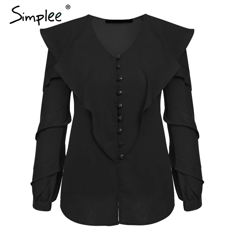 Simplee Elegant v neck long sleeve buttons women blouse shirt Ruffles solid autumn Blusas Tops Casual outwear blusas feminina |