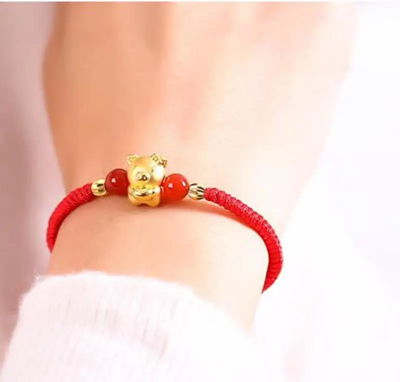 Pure 24K 999 Yellow 3D Gold Year of the Pig Bracelet Luck Zodiac Weaving Rope For Women Baby Female 16cmL Jewelry | Украшения и