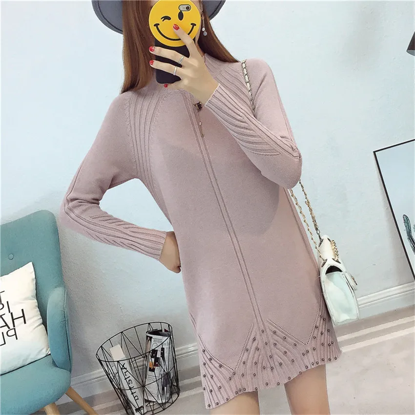 

Turtleneck Sweater Dress Autumn Winter Women Split Beading Bottoming Knitted Dresses Ladies Mini Pullovers Vestidos Robes AB604