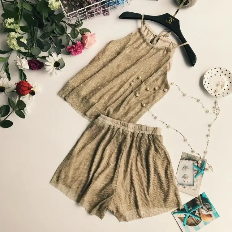 New Arrival Summer Women Fashion Rayon Halter Sexy Sleeveless Regular Solid Urban Sets Female Casual Beach Bling Crop Top Shorts | Женские