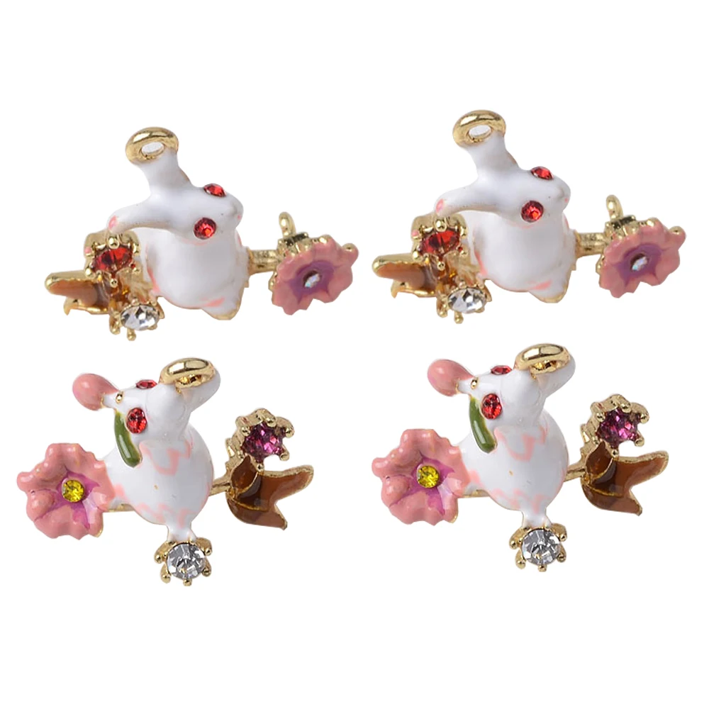 4Pcs Rhinestone Decorated Easter Rabbit with Flower for Hanging Charms Pendants /Earring Findings Crafts/Necklace Bracelets DIY | Украшения