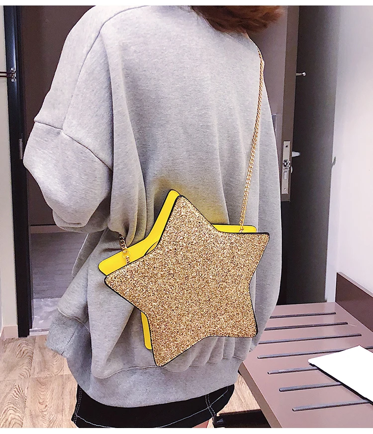Sequins Stars Style Pu Leather Fashion Casual Ladies Chain Purse Shoulder Bag Tote Crossbody Mini Bag Female Bolsa Handbag Flap