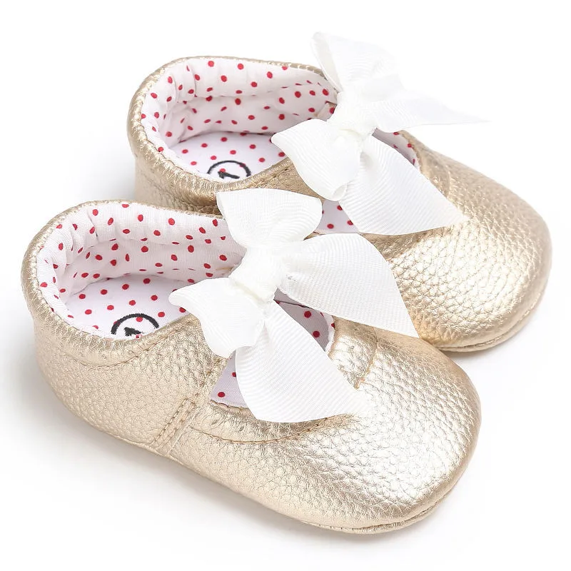 

New 0-18 M Newborn Baby Girl Pink White Gold Pu Leather Princess Shoes Bowknot