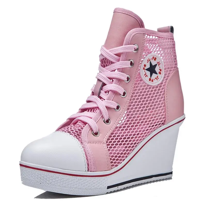 6857 Pink Черные модные кроссовки на массивном каблуке; женская обувь на танкетке; Женская Повседневная дышащая обувь белого цвета; женская обувь из джинсовой ткани на плоской платформе со шнуровкой - Цвет: 6857 Pink