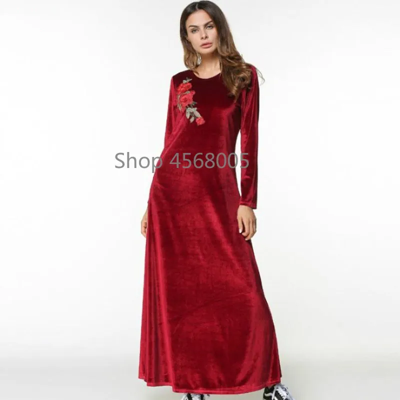 Красный Абаи женское мусульманское платье Дубай длинные бархатные платья с