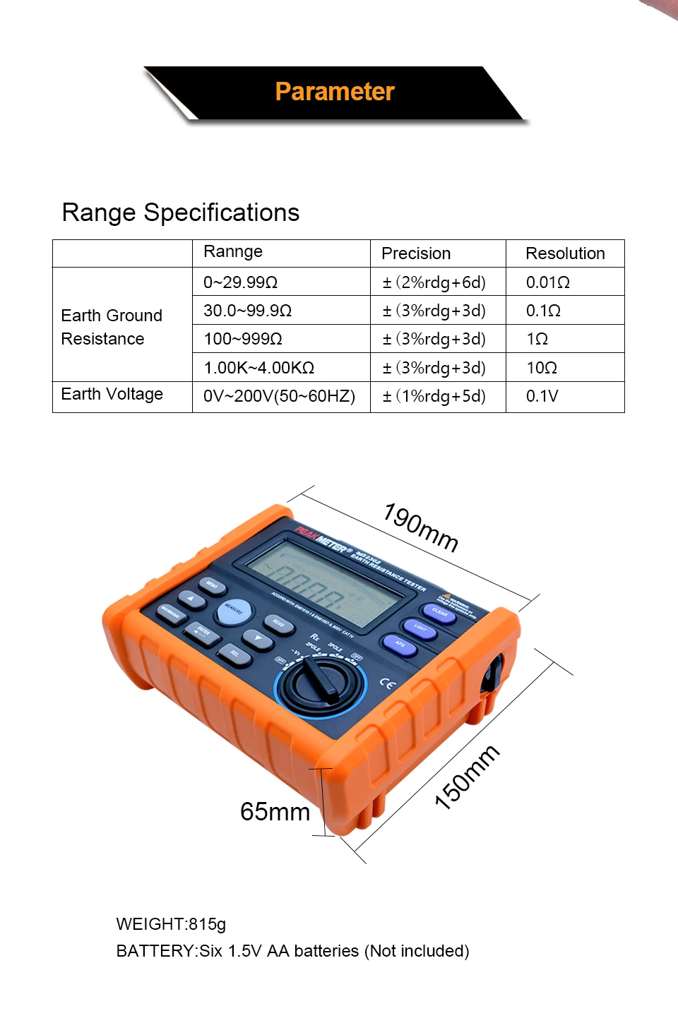 PEAKMETER PM2302 цифровой измеритель напряжения Сопротивление заземления 0 Ом до 4K Ом 100 группы регистрации данных с подсветкой