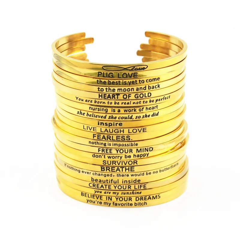 

Gold Stainless Steel Engraved Positive Inspirational Quote Cuff Bangles Mantra Bracelet Bangle for women gift