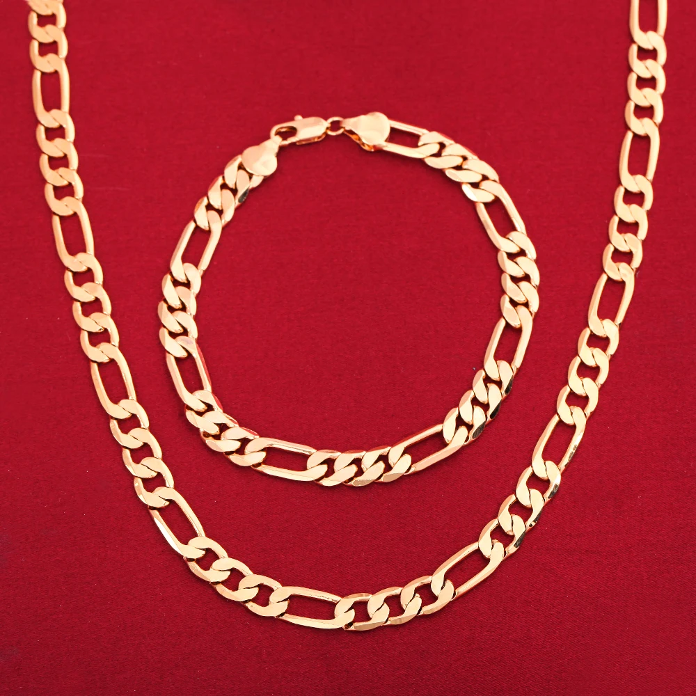 Hot Fashion Gold Color Jewelry Men Necklace Set Wholesale Trendy Figaro Chain Bracelet | Sets