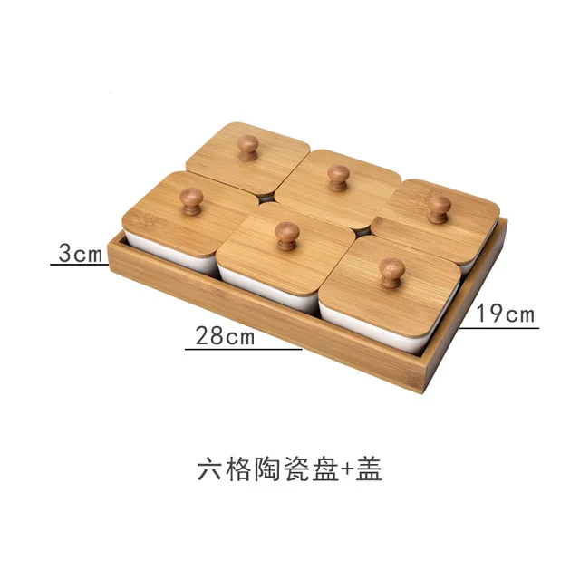 6 grid ceramic wit Креативный керамический бамбуковый поднос для сухих фруктов и десертов, многосеточная тарелка, домашний поднос для хранения закусок, поднос для конфет, сухофруктов, продуктов, десертов, чайных тарелок - Цвет: 6 grid ceramic wit