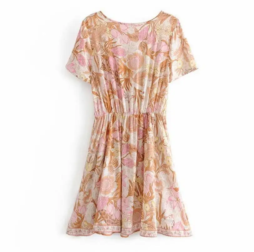 2019 новый богемный О шеи оранжевый розовый Платье с цветочным принтом в