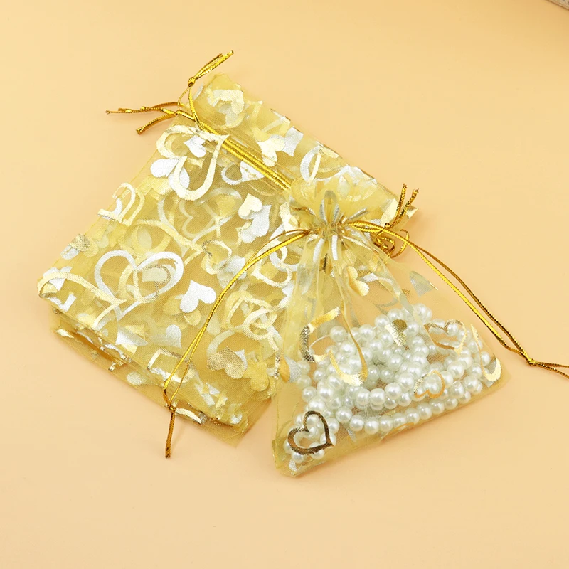 

Gold Heart Drawable Organza Bags 11x16cm Wholesale 100pcs/lot Wedding Gift Bags Jewelry Packing Bags Wedding Pouches