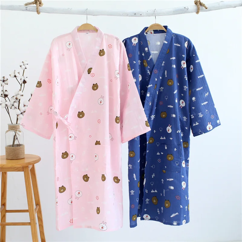 

Rabbit Kimono Summe Sleeping Skirt Pajamas Robe 100% Cotton Gauze V-neck Simple Loose Sleepwears Nightly Pijama Home Clothing