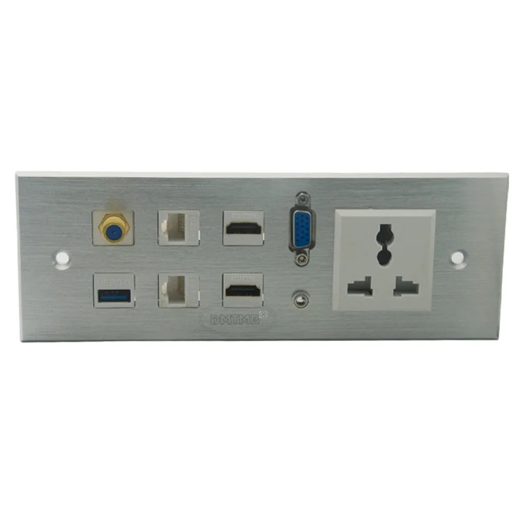 

Алюминиевая настенная пластина с 2 X HDMI, 2 X RJ45, VGA, аудио 3,5 мм, USB 3,0, головки F, поддержка портов питания для телевизора «сделай сам»