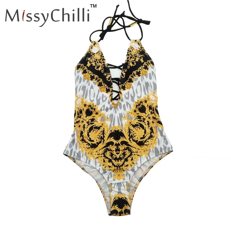 MissyChilli, сексуальный цветочный принт, шнуровка, v-образный вырез, боди для женщин, Холтер, пуш-ап, вечерние, боди для девушек, летний Цельный купальник, костюм