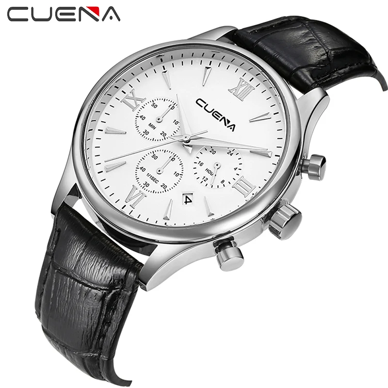 CUENA бренд для мужчин кварцевые часы мужской моды хронограф кожа Relojes Relogio Masculino