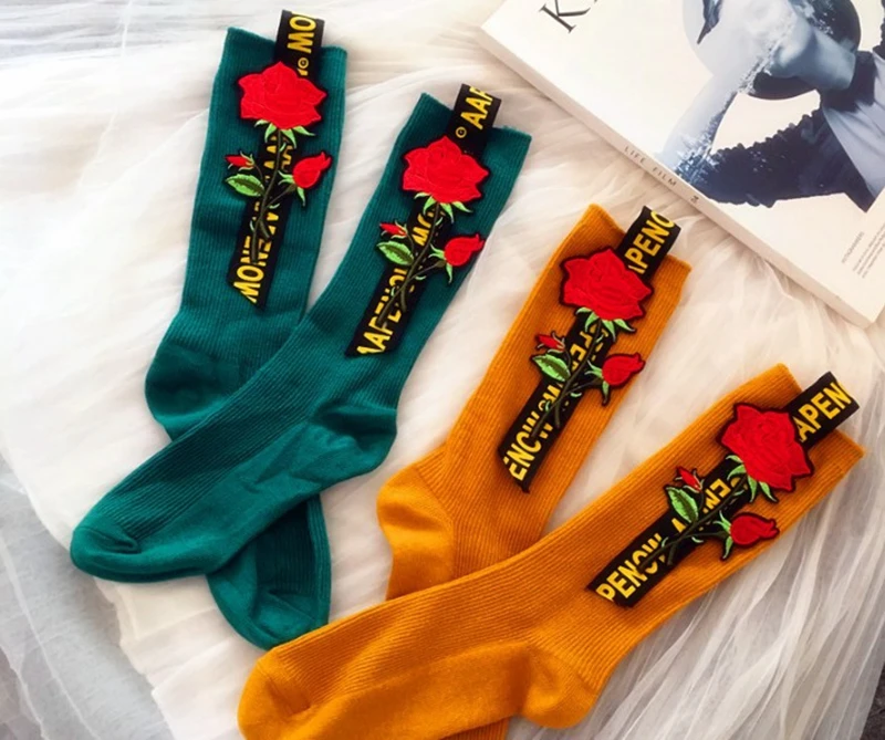 Лидер продаж модные носки в Корейском стиле женские хлопковые с вышивкой розы