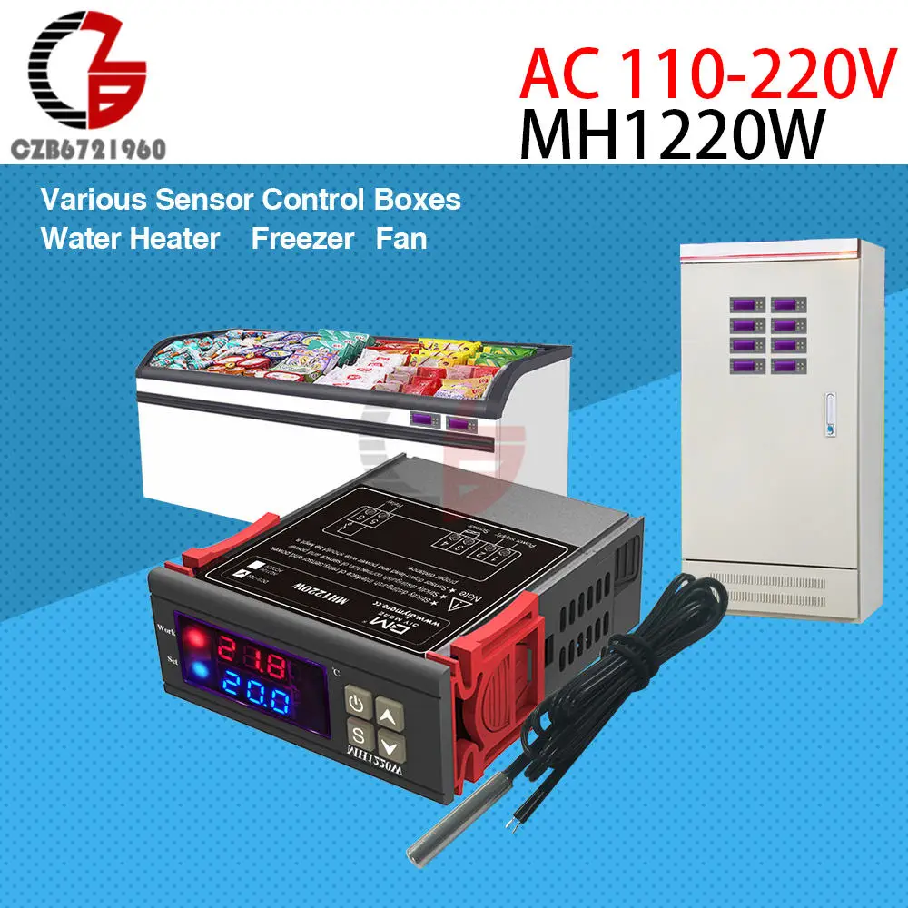 MH1220W AC 110V-220V 2-канальный светодиодный термостат с двойным выходом, цифровой регулятор температуры, переменный ток, 110 В, 220 В, постоянный ток, 12 В, инкубатор, Датчик нагрева и охлаждения, термометр - Цвет: MH1220W AC 110V-220V
