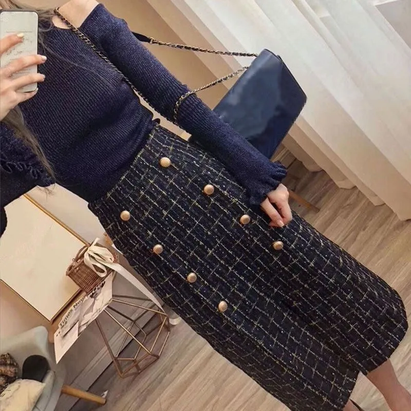 2018 новый осенне-зимний свитер с расклешенными рукавами и твидовая юбка комплекты