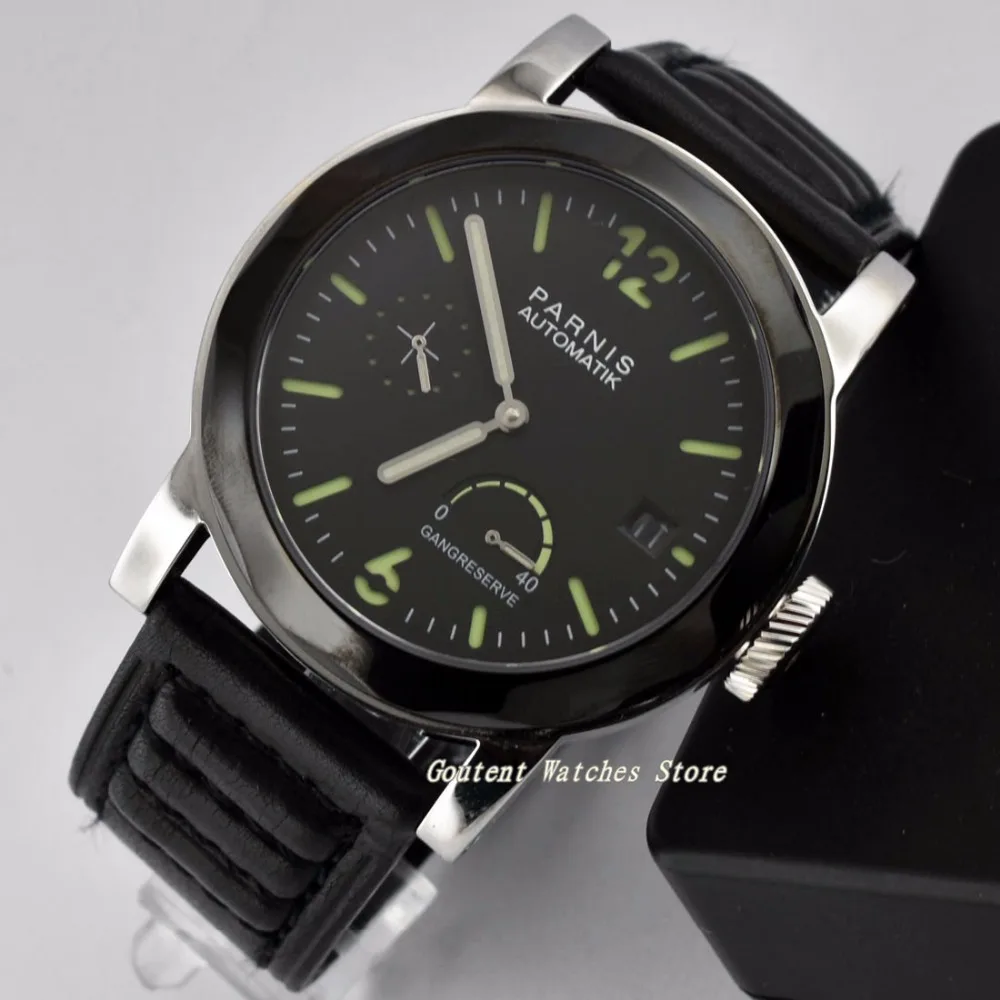 Мужские часы Parnis со светящимся стальным корпусом и черным циферблатом 44 мм |