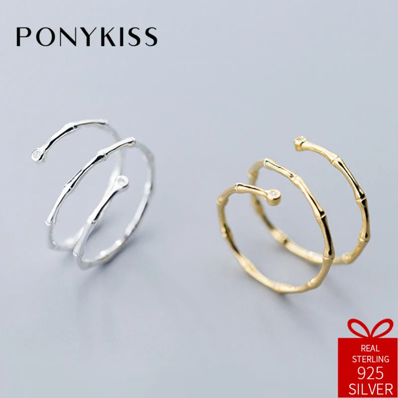 

PONYKISS Trendy 100% 925 Sterling Silver Zircon Bamboo Festival Resizable Opening Ring Women Party Delicate Accessory Fine Gift
