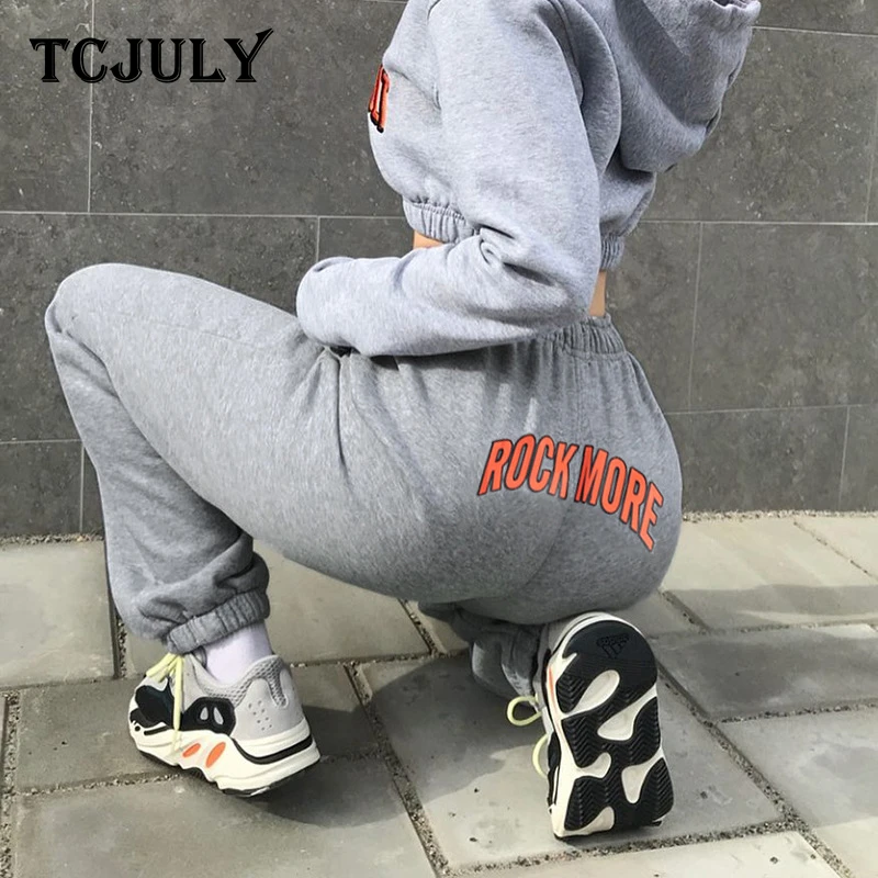 TCJULY модные спортивные штаны с надписью «Rock More», женские брюки, джоггеры с эластичной резинкой на талии, уличная одежда, повседневные серые штаны-шаровары