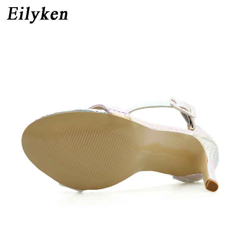 Eilyken/летние модные женские босоножки на высоком каблуке с открытым носком и змеиным принтом пикантные женские босоножки с ремешком и пряжкой обувь для вечеринок