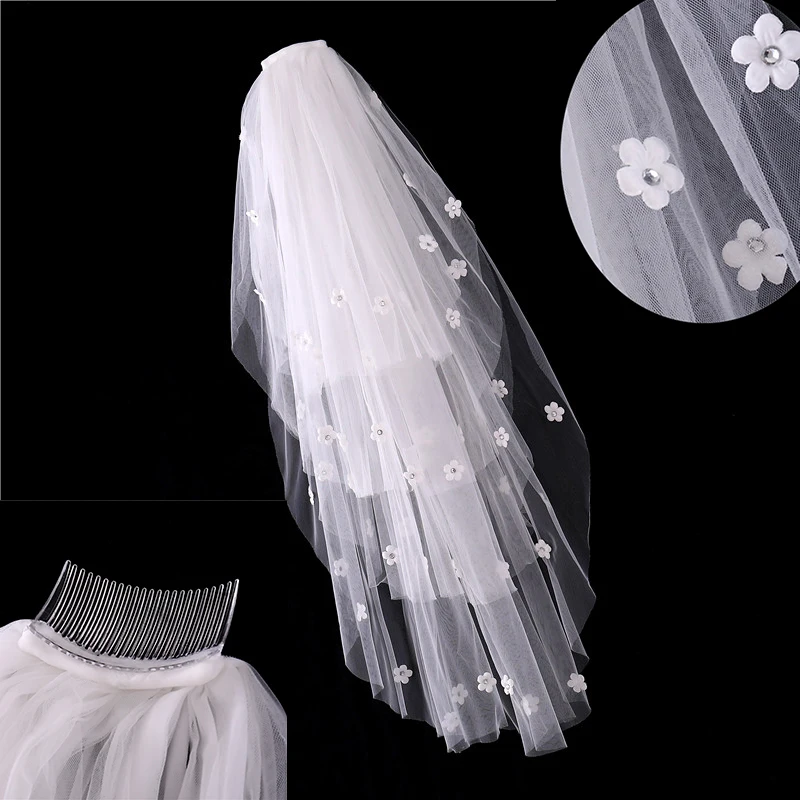 

Gather Soft Tulle Multi Layers Ivory Short Wedding Veils With Comb With Handmade Flowers With Beaded Bling Bling Bridal Veils