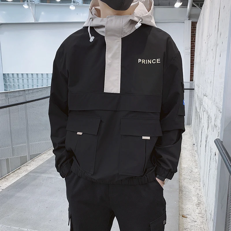 Мужская ветровка с передним карманом свободная повседневная куртка капюшоном 2019