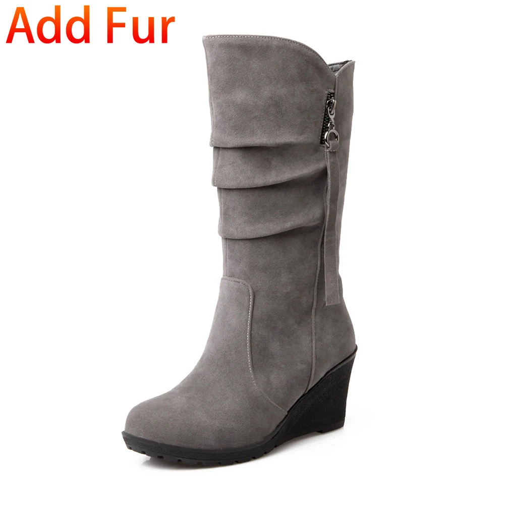 gray add fur 1 KARINLUNA/Новая однотонная обувь на высокой танкетке с бахромой,, обувь без шнуровки, женские повседневные зимние сапоги до середины икры, черные, большой размер 28-52 - Цвет: gray add fur 1