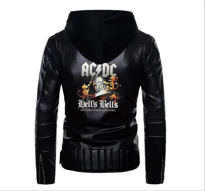Модная Новая черная ACDC кожаная куртка с капюшоном мужская Тонкая мотоциклетная