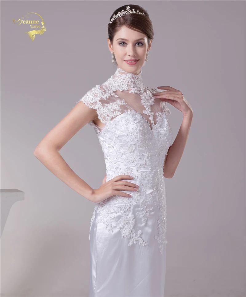 

Mermaid Wedding Dresses 2020 Bridal Dress Satin Appliqued Lace Beading Cap Sleeves Chinese High Neckline Robe De Mariage Custom
